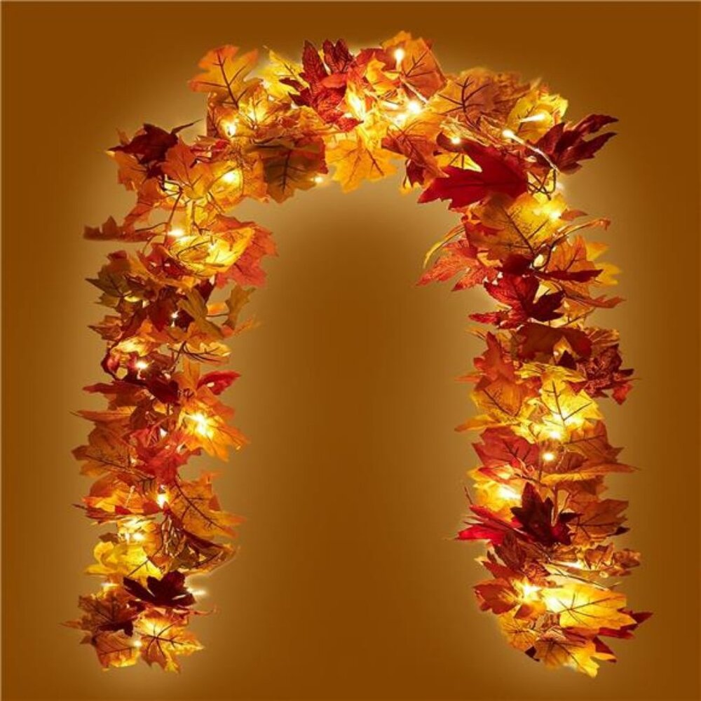 2 Pack Fall Maple Garland with 40 LED String Light- 5.8ft/Piece